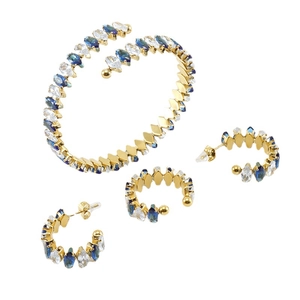 18K gold plated stainless steel jewelry set with blue and clear marquise gemstones