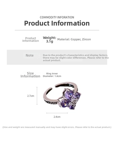 Detail view of flower ring with purple zircons including 3.1g weight and size info