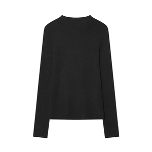 Detail of black seamless mock neck knit sweater back view with ribbed cuffs and hem
