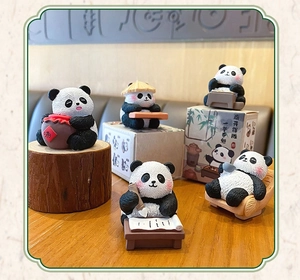 Detailed set of five cute resin panda figurines in traditional Chinese style poses