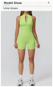 Detailed front view of a lime green athletic yoga romper with zipper neck design