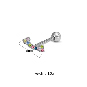 Detail of 10mm U-shaped stainless steel tongue piercing with colorful gemstones