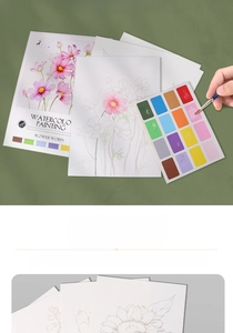 Detail of watercolor painting kit with floral line art, solid paint cards, and brush