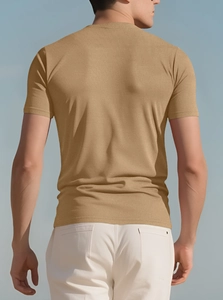Back view of a men's slim-fit stretch cotton T-shirt in khaki with clean stitching