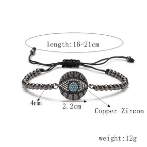 Detailed specs of evil eye beaded bracelet with copper zircon and adjustable woven strap
