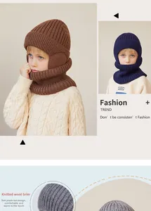 Detailed view of kids knitted hooded scarf with warm earflaps in multiple colors