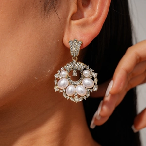 Vintage Artificial Baroque Pearl Rhinestone Drop Earrings Geometric Hollow Palace Style For Women With Silver Earring Post