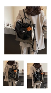 Three views of black faux leather backpack with bear charm and striped ribbon on model
