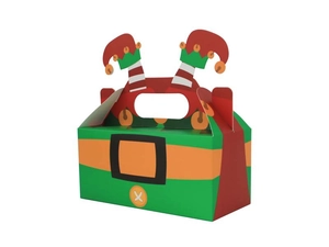 Detail view of a square Christmas gift box with elf handles for cookies and candies