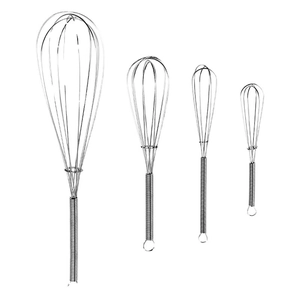 Set of four stainless steel manual whisks with spring handles on white background