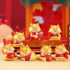 Detailed set of 8 golden dragon figurines in red Chinese attire on a wooden bench