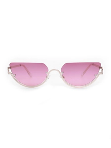Detail of pink semi-rimless cat eye sunglasses with gold metal frame and geometric lenses