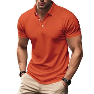 Detail of vibrant orange men's short sleeve polo shirt with breathable fabric texture