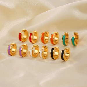 Colorful 18K gold plated hoop earrings in six vibrant enamel colors with glossy finish
