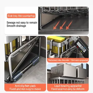 Gray stainless steel kitchen sink organizer with 5mm thick frame and drainage tray