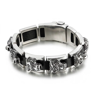 Men Tiger Head Bracelet 316L Stainless Steel Braided Genuine Leather Hip Hop Punk Gothic Animal Jewelry
