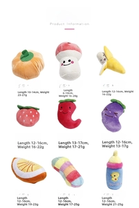 Collection of plush dog toys in vegetable and fruit shapes with size and weight details