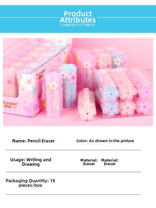 Detail of 18-piece box set featuring cherry blossom shaped erasers in macaron colors