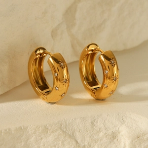 18K gold plated stainless steel hoop earrings with crystal inlaid starburst engraving