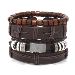 Retro Woven Multi-layer Leather Bracelet Set For Men Cowhide Wood Beads Punk Style Adjustable Hand Cord Fashion Jewelry
