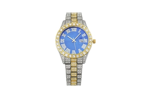 Close-up of luxury women's quartz watch with blue dial, full crystals, and date window