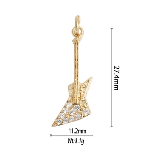 Detailed dimensions of the gold guitar pendant with clear stones measuring 27.4mm by 11.2mm