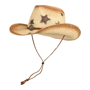 Close-up of vintage straw cowboy hat featuring star patterns and woven wind rope detail