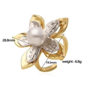 French luxury copper flower ring with large pearl and adjustable metal petals