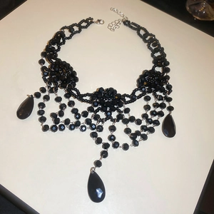 Gothic multilayer black bead necklace with crystal flowers and teardrop pendants