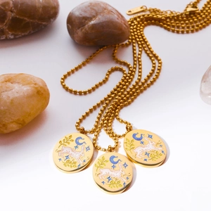 Hand-painted enamel rabbit tarot card necklaces in 18K gold plated stainless steel