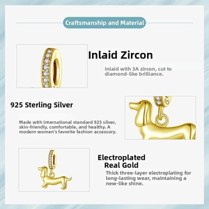 Detail of 925 sterling silver dachshund charm with gold plating and 3A zircon stones