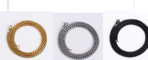 Detailed comparison of minimalist metal chains in gold, silver, and black finishes