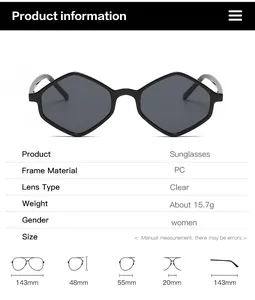 Size guide for women's geometric sunglasses showing frame dimensions and PC material specs