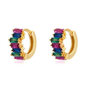 Gold hoop earrings with colorful rectangular zircons and S925 silver needles
