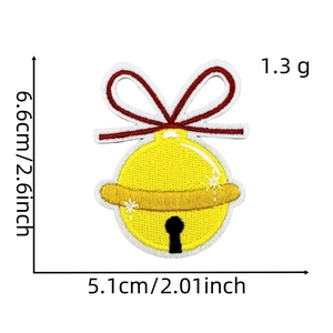 Detail of embroidered Christmas bell patch with dimensions 6.6cm by 5.1cm