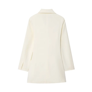 Women's cream double-breasted blazer with long sleeves shown from a back perspective