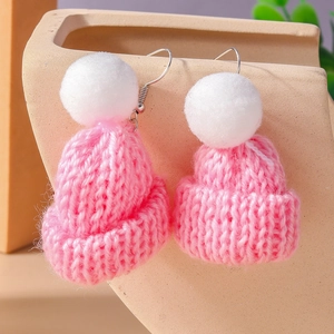 Handmade pink knitted beanie hat earrings with white pompom and silver metal hooks
