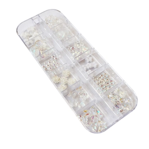 Clear 12-grid storage box with aurora butterfly and white flower nail art charms