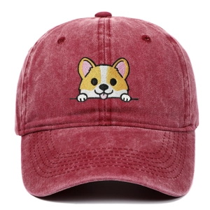 Casquette de baseball rouge bordeaux délavée avec broderie mignonne de Corgi devant
