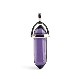 Close-up of a purple hexagonal crystal column pendant with a polished silver metal base
