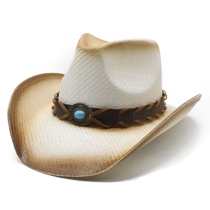 Retro Western Stroh Cowboyhut Mit Türkis Perle Kunstlederband Große Breite Krempe Sonnenschutz Atmungsaktiv Sommer Strandhut