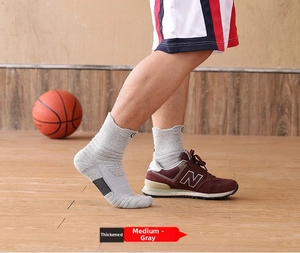 Detail of grey athletic crew socks with thickened cushion sole and side view fit