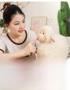 Detail of soft skin-friendly fabric on a cute plush white sheep doll for kids