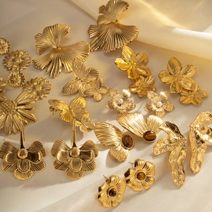 18k gold plated stainless steel stud earrings set with tiger eye stones and butterflies