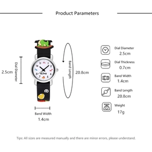 Detailed size specifications for children's dinosaur watch with rainbow strap dimensions
