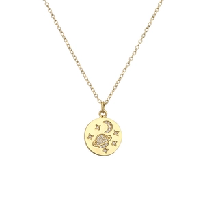Collana dorata con ciondolo celeste raffigurante Saturno, luna e stelle con zirconi