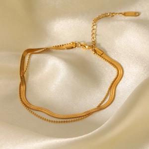 18K gold plated stainless steel double layer anklet with snake and bead chain