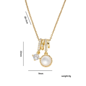 Elegant gold pendant necklace with cubic zirconia rings and 9mm white pearl drop