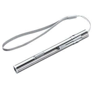 Lampe stylo médicale en aluminium argenté avec clip métallique et cordon de transport