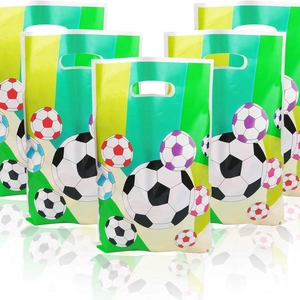 Soccer themed plastic gift bags with handles and colorful striped background for parties